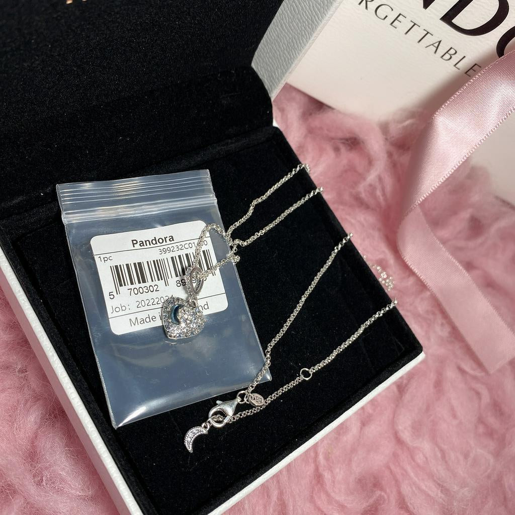PAN Sparkling Blue Moon & Stars Heart Necklace 925 silver 399232C01 penant&chain with stone