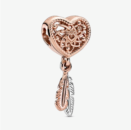 【Moments】PAN Openwork Heart & Two Feathers Dreamcatcher Charm 789068C00 Rose gold silver