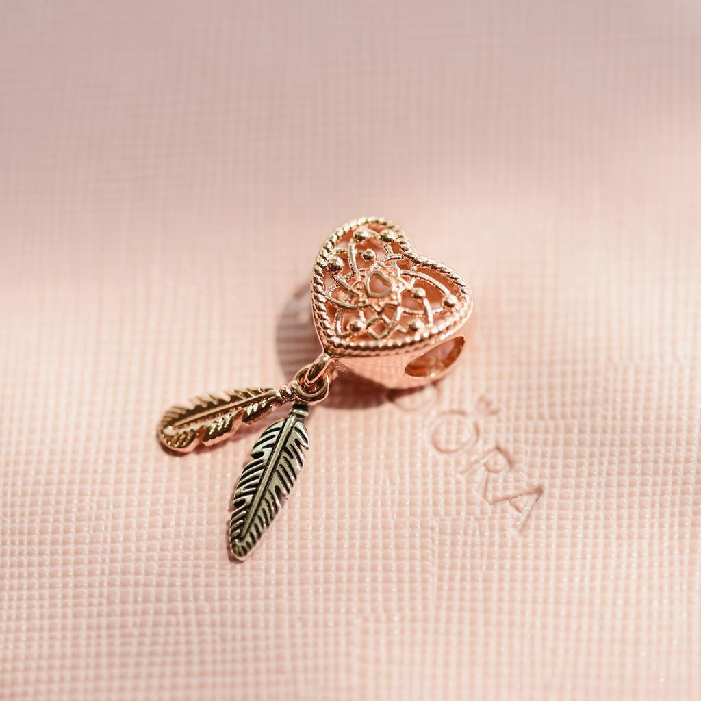 【Moments】PAN Openwork Heart & Two Feathers Dreamcatcher Charm 789068C00 Rose gold silver