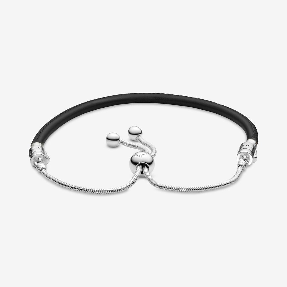 【Moments】PAN Moments Black Leather Slider Bracelet 597225CBK 925 SILVER men women Free size