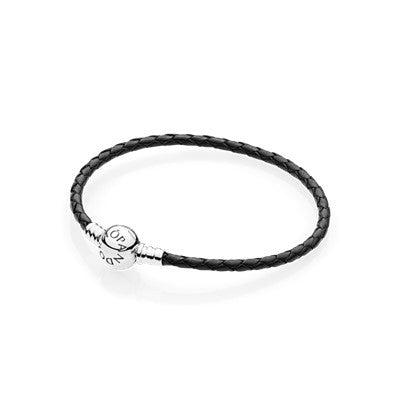 【Moments】PAN Black Braided Leather Charm Bracelet 925 silver for women BLACK