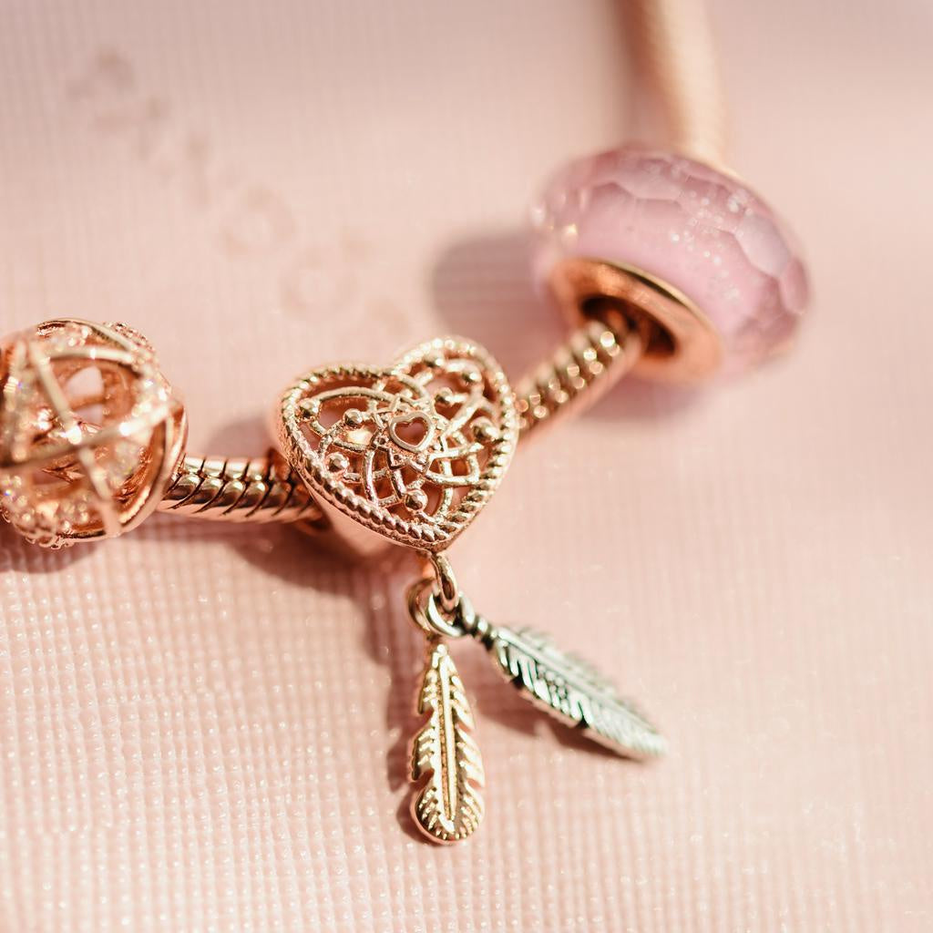 【Moments】PAN Openwork Heart & Two Feathers Dreamcatcher Charm 789068C00 Rose gold silver