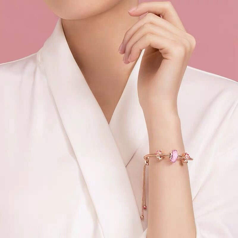 【Moments】Pan Pink Peach Blossom Flower Snake Chain Slider Bracelet 925 SILVER Rose 588093NCCMX