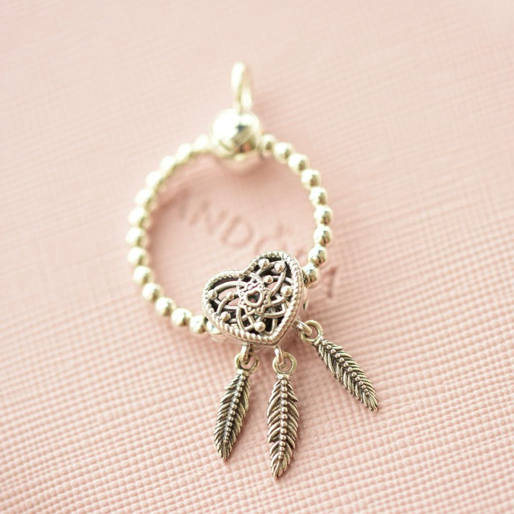 【Moments】PAN Openwork Heart & Three Feathers Dreamcatcher Charm 799107C00 pendant 925 silver