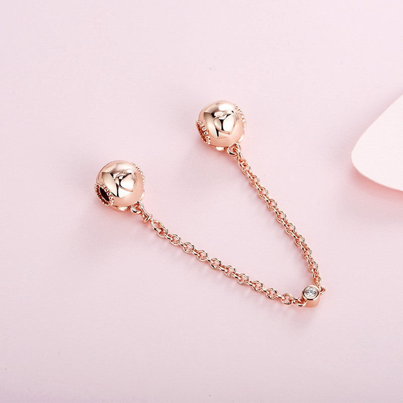 【Moments】PAN EMBOSSED HEARTS SAFETY CHAIN 925 silver Safety chain clip Charm ROSE GOLD 787636CZ