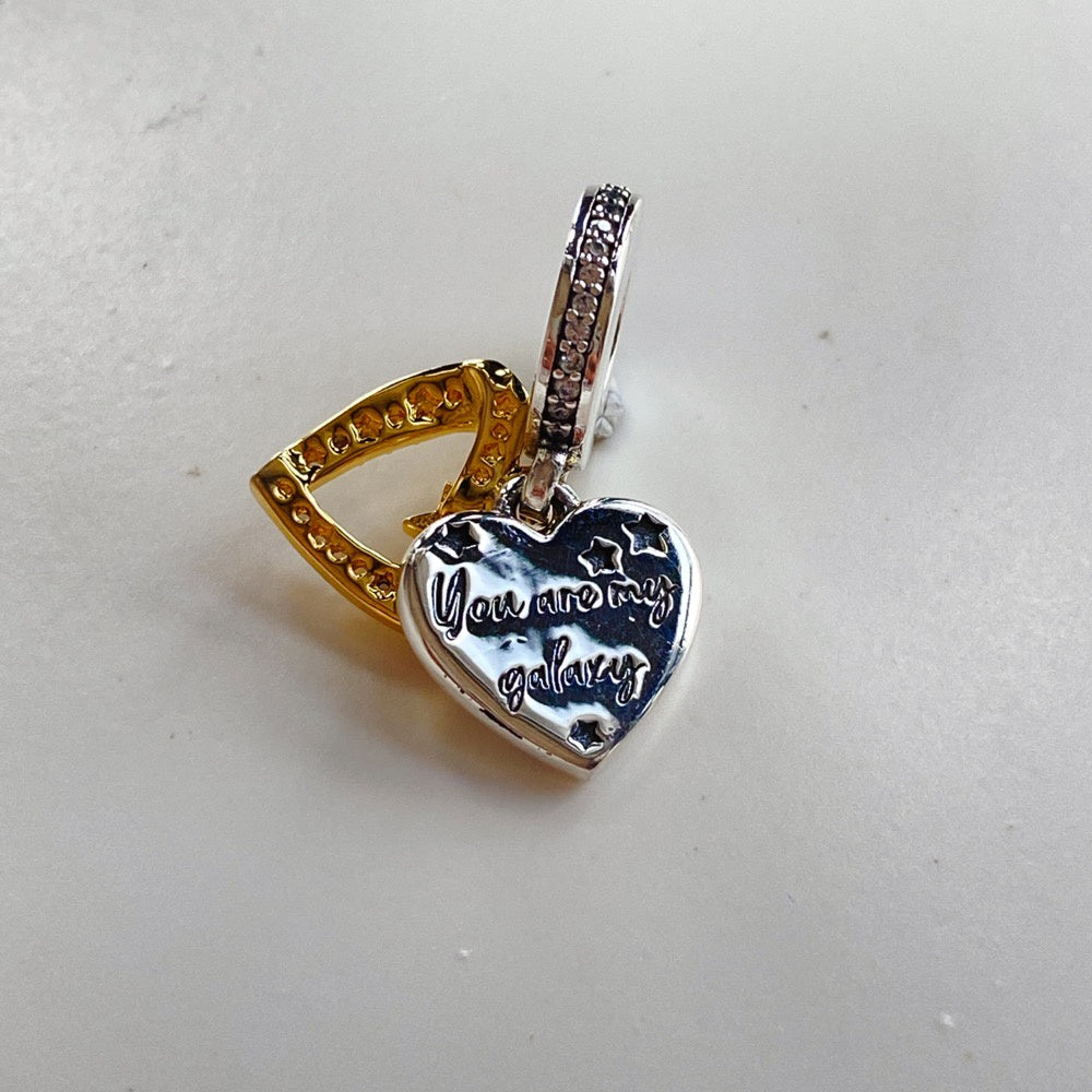 【Moments】Pan Star Hearts Double Dangle Charm gold pendant 925 silver 762203C01 two-tone