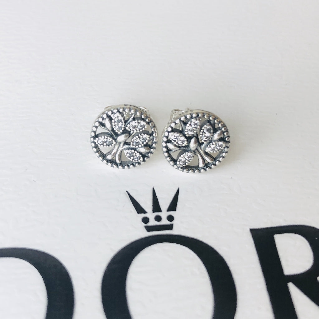 PAN TREE OF LIFE EARRING STUDS 925 silver diamond mother 297843CZ