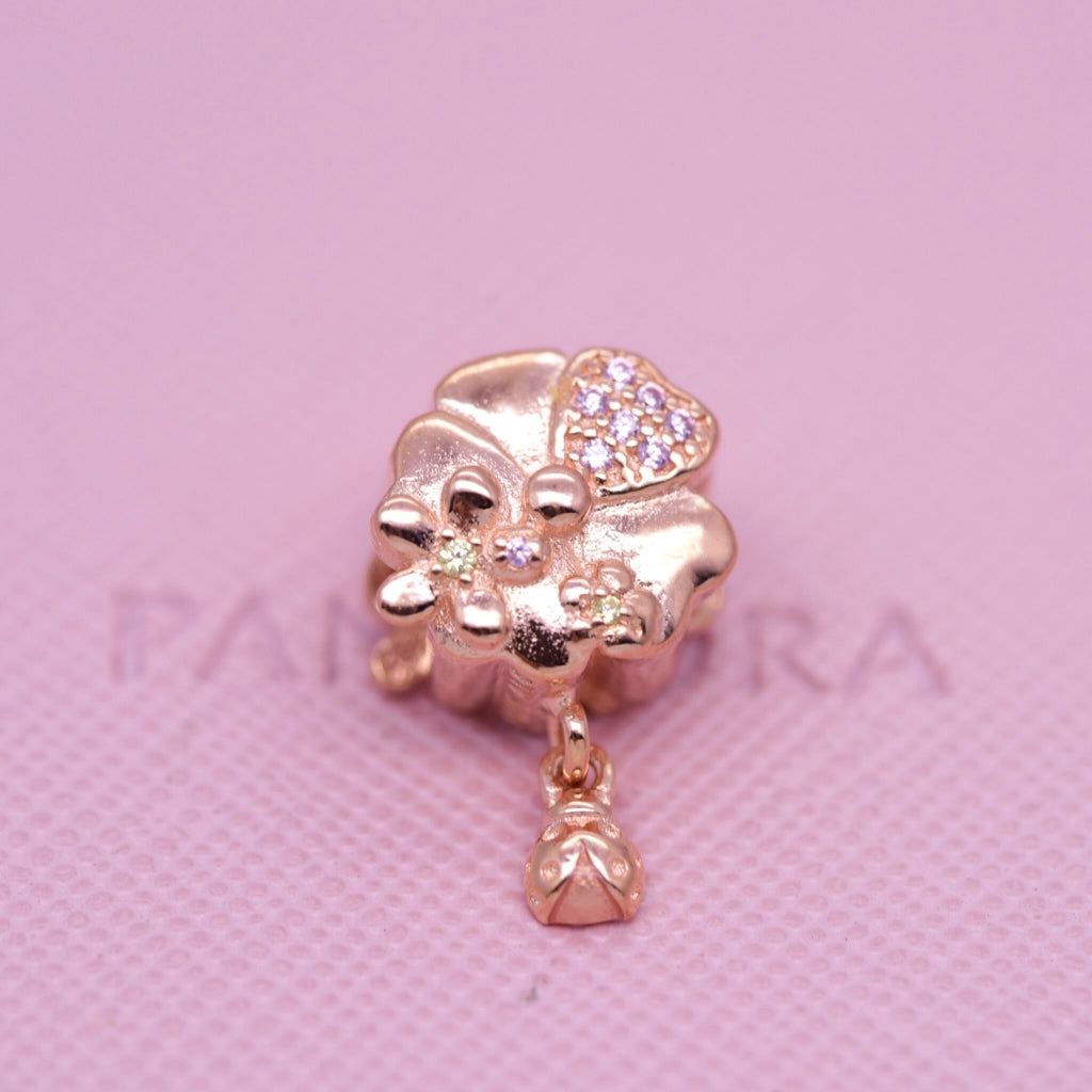 【MOMENTS】Pan Pavé Flower & Ladybird Dangle Charm 925 Silver Rose gold for women 787026NPR