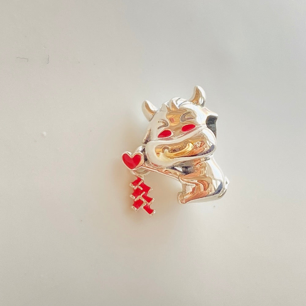【Moments】Pan Cute Ox Charm red firecracker 799268C01 925 Silver China new year animal