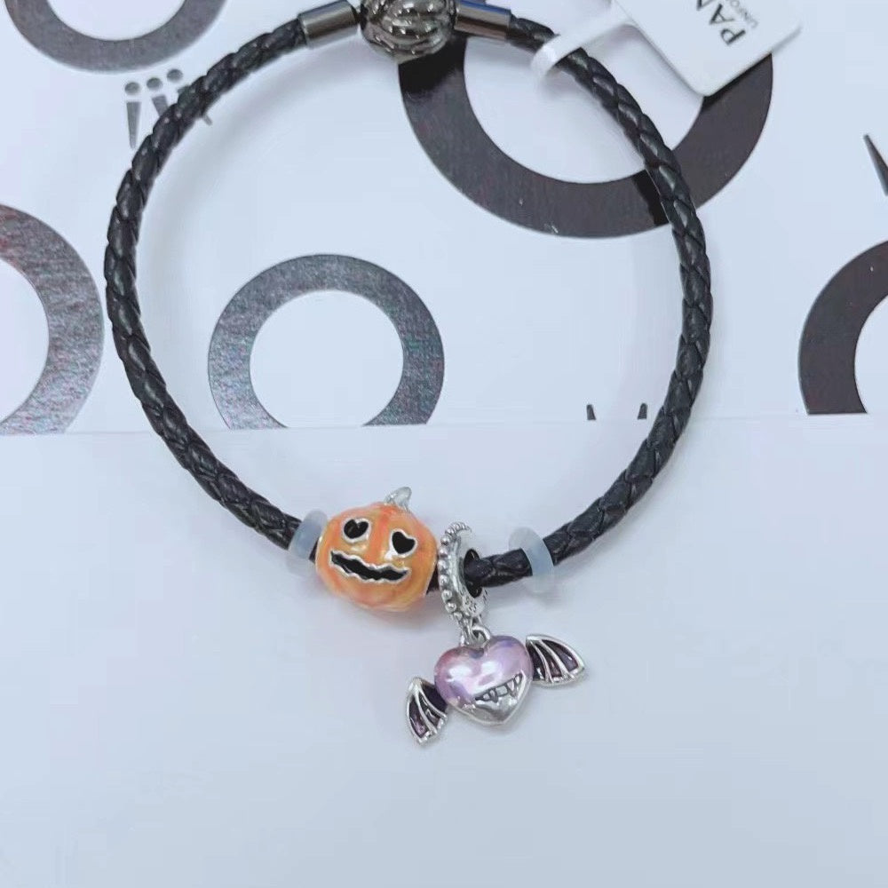 【Moments】PAN Love Knot Braided Leather Bracelet 925 silver Black for women men Couples 542421C01