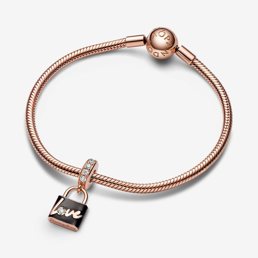 【Moments】Love Padlock Dangle Charm 782508C01 clear cubic zirconia rose gold black heart pendant