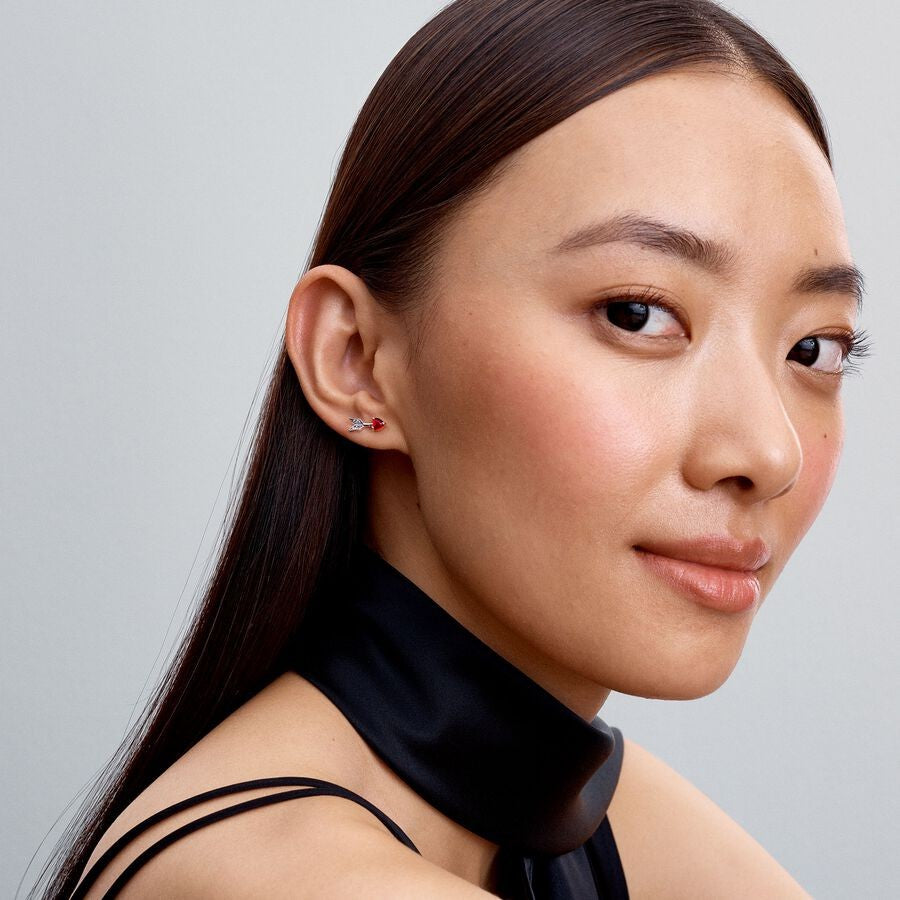 PAN Arrow & Murano Glass Heart Stud Earrings 293668C01 S925 Hypoallergenic Sterling silver red