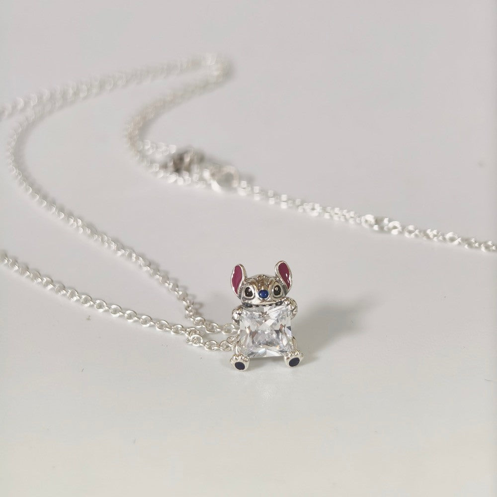 PAN Disney Stitch Collier Necklace 393743C01 crystal 925 silver for girl gift Cute cartoon