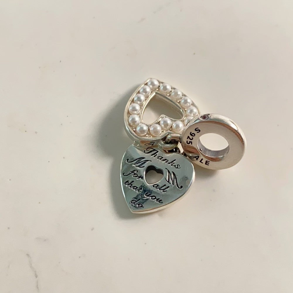 【Moments】 Pearlescent White Heart Double Dangle Charm 792649C01 Family Friends 925 silver pendant