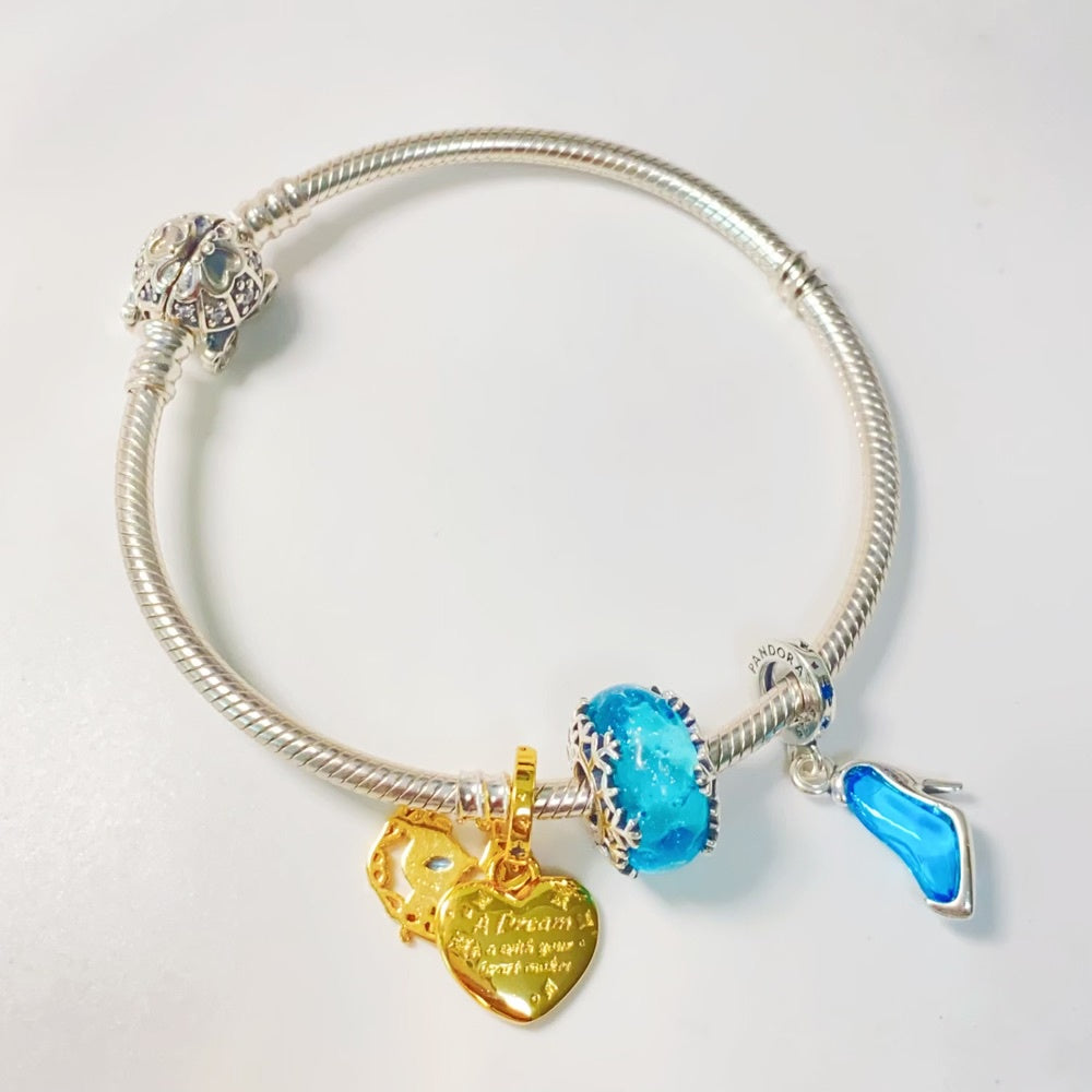 【Moments】Pan Cinderella's Carriage & Heart Double Dangle Charm 763072C01 Princess Blue GOLD pendant