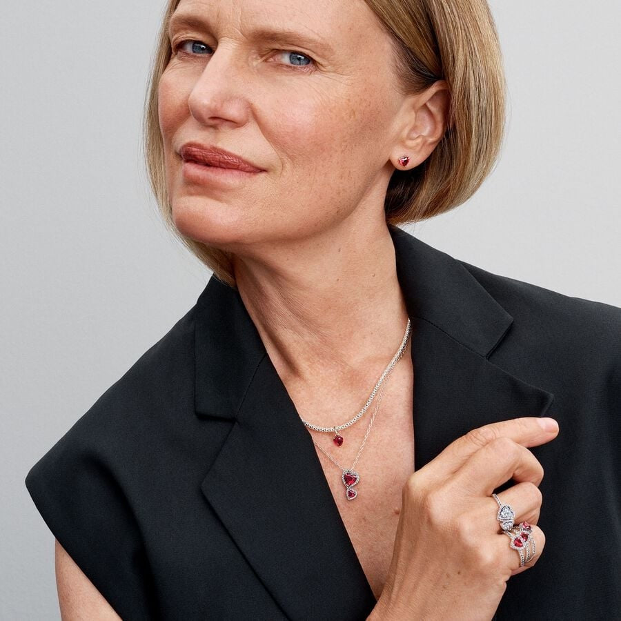 PAN Red Halo Hearts Pendant Necklace 393658C01 2 heart 925 silver for girl gift Valentine's Day