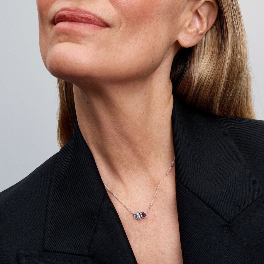 PAN Halo Hearts Pendant Neckla red two heare 393632C01 Red 925 silver for girl gift Valentine's Day