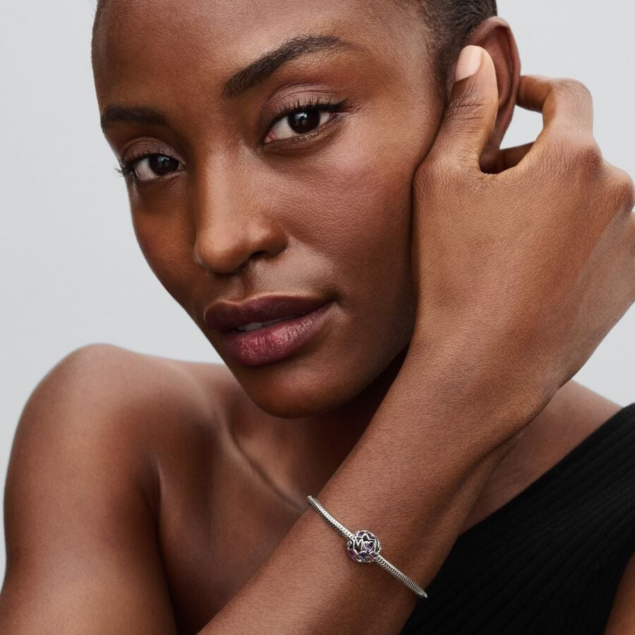 【Moments】Pan Openwork Hearts Mom Charm 793772C01 Purple 925 Silver for women Hollow spherical