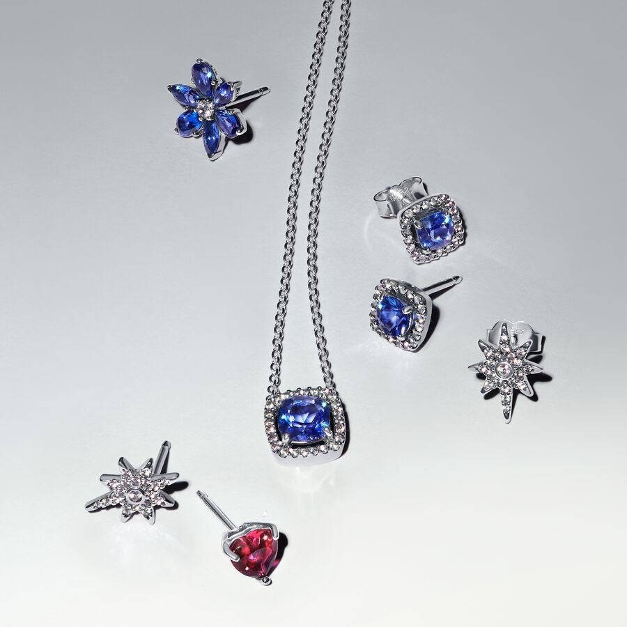 PAN Sparkling Square Blue Halo Pendant Necklace Sterling silver Square pendant 925 silver daily wear
