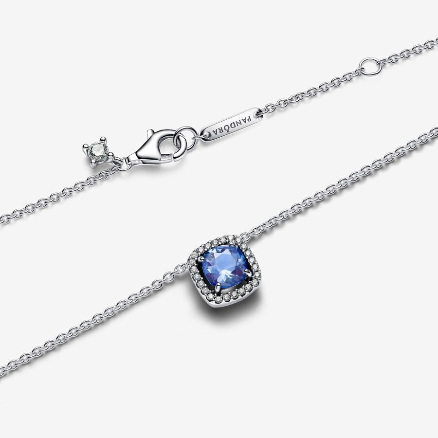 PAN Sparkling Square Blue Halo Pendant Necklace Sterling silver Square pendant 925 silver daily wear
