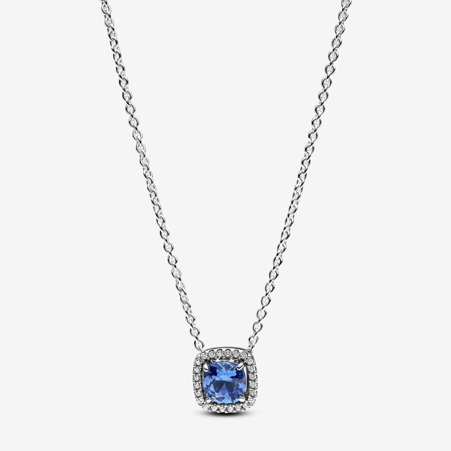 PAN Sparkling Square Blue Halo Pendant Necklace Sterling silver Square pendant 925 silver daily wear