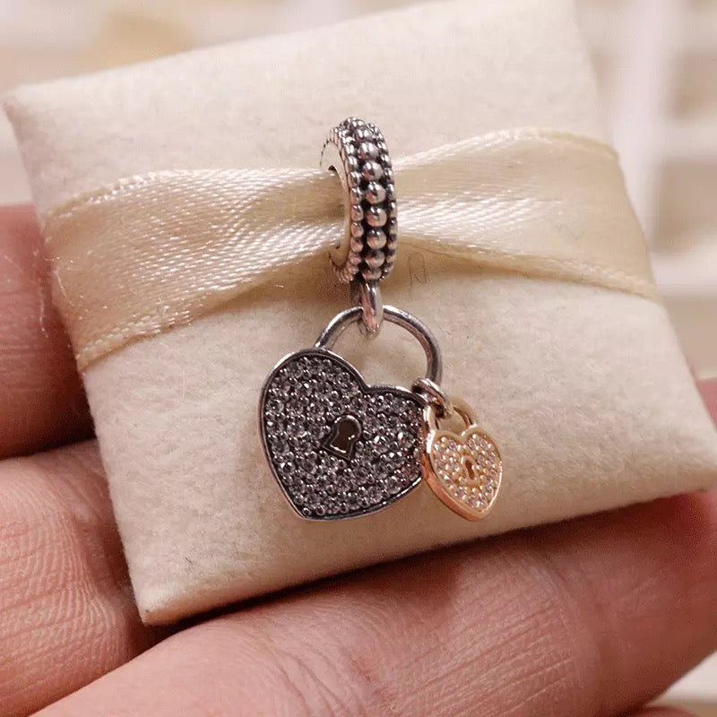 【Moments】PAN Pavé Heart Padlocks Dangle Charm pendant rose gold Two Tone Lock 791807CZ 781807CZ