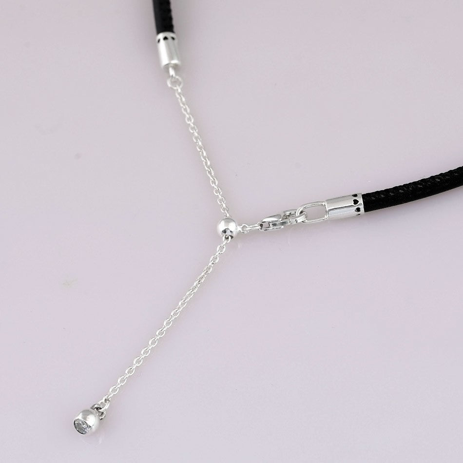 Black Leather Choker Necklace 925 silver adjustable for pan