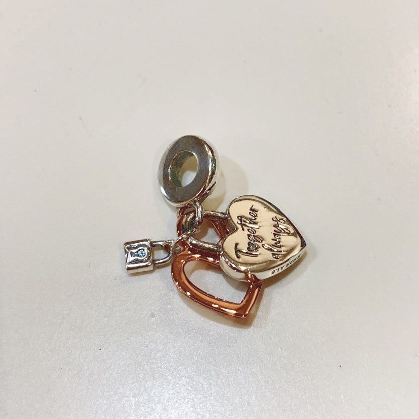 【Moments】PAN rose gold two-tone Heart Padlock Double Dangle Charm 925 silver 2022 pednat 780087C01