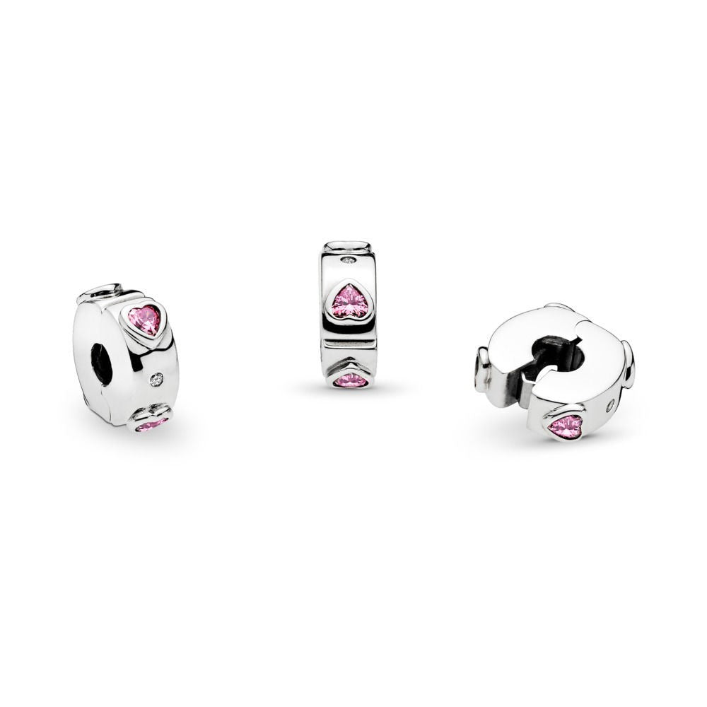 【Moments】Pan Sparkling Pink Hearts Clip Charm 925 Silver for women pink heart spacer 796591FPC