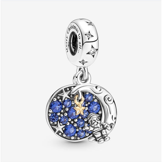 【Moments】PAN Santa Claus On The Moon Double Dangle Charm 769648C01 blue crystal Christmas moon star