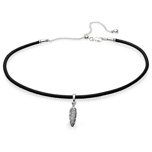 PAN Black Leather Choker and Feather Necklace 925 silver 397197CBK-38