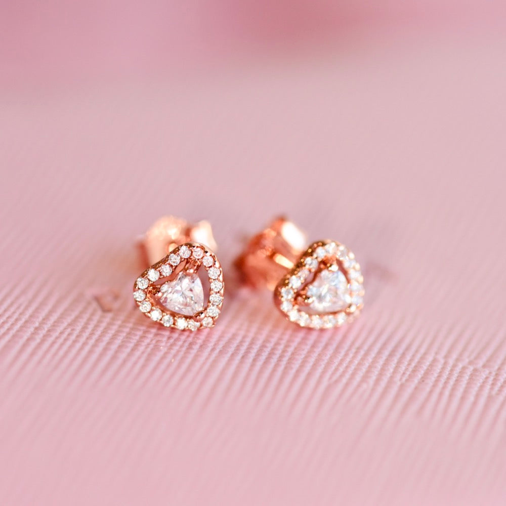 Pan Rose gold Elevated Heart Stud Earrings 925 silver for women diamond with box 288427C01 259137C01