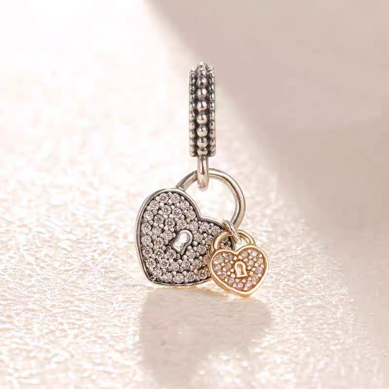 【Moments】PAN Pavé Heart Padlocks Dangle Charm pendant rose gold Two Tone Lock 791807CZ 781807CZ