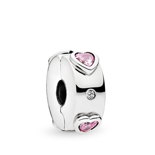 【Moments】Pan Sparkling Pink Hearts Clip Charm 925 Silver for women pink heart spacer 796591FPC