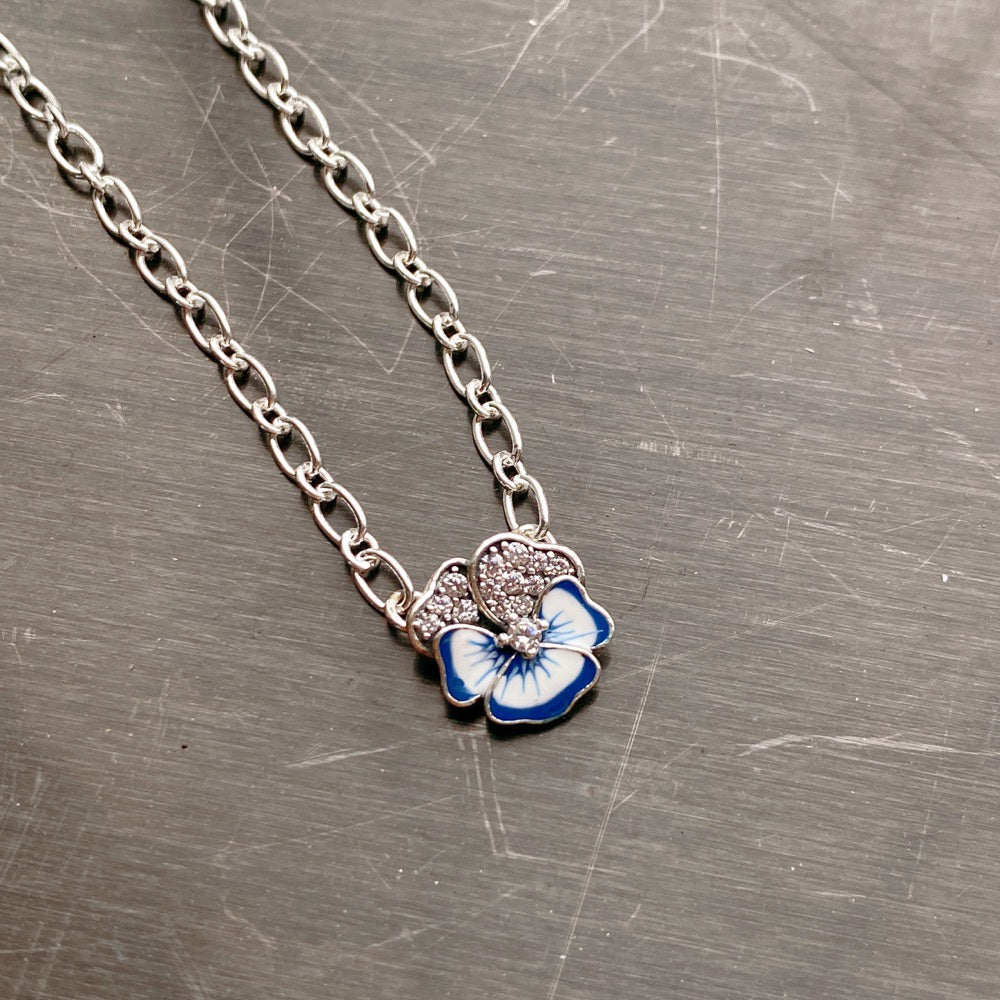 【Moments】PAN Blue Pansy Flower Pendant Necklace 390770C01 pendant 925 silver Sterling silver