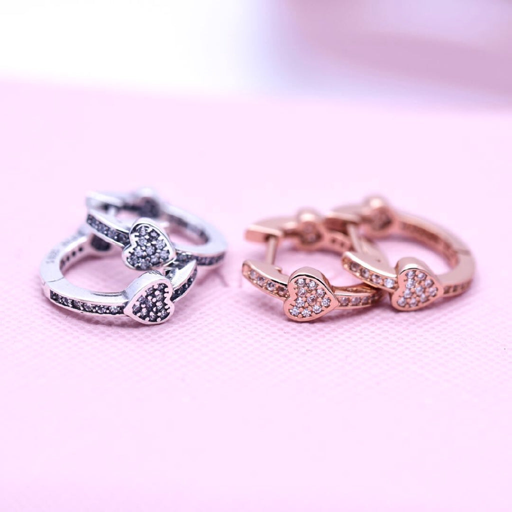 Pan Pavé Heart Hoop Earrings 925 silver for women diamond rogse gold 297290CZ 287290CZ