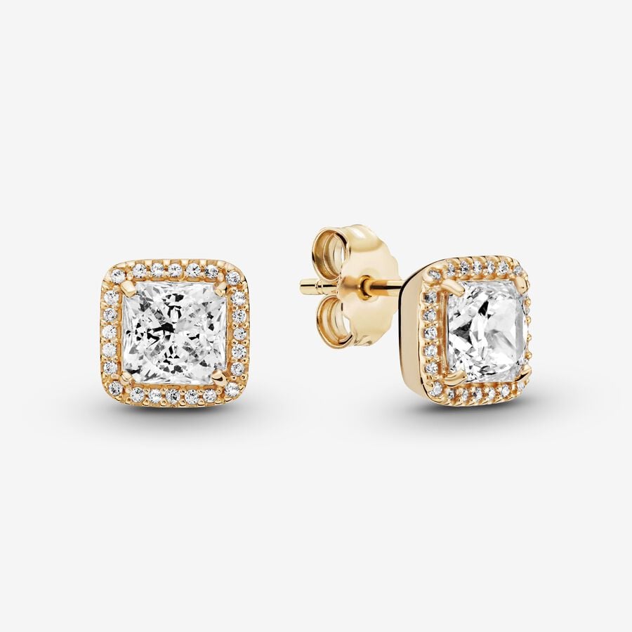 Pan Square Sparkle Halo Stud Earrings Classic Rose gold earrings 925 silver diamond silver gold 280591CZ  290591CZ 250327CZ