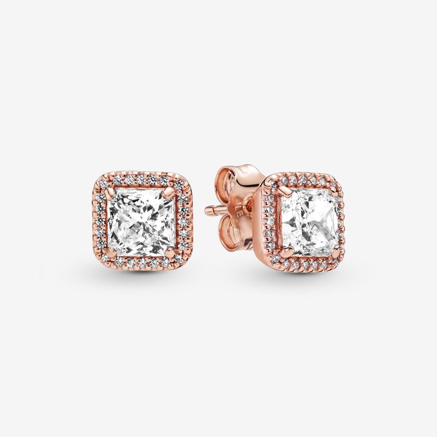 Pan Square Sparkle Halo Stud Earrings Classic Rose gold earrings 925 silver diamond silver gold 280591CZ  290591CZ 250327CZ