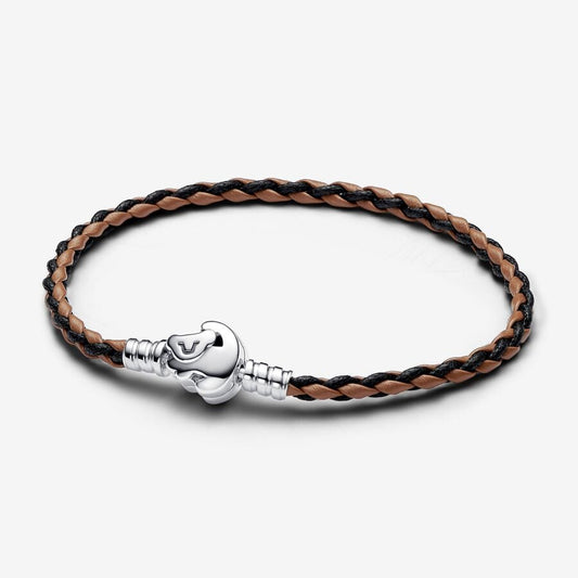 【Moments】Pan Disney The Lion King Clasp Pandora Moments Braided Leather Bracelet 593361C01 Brown 925 silver