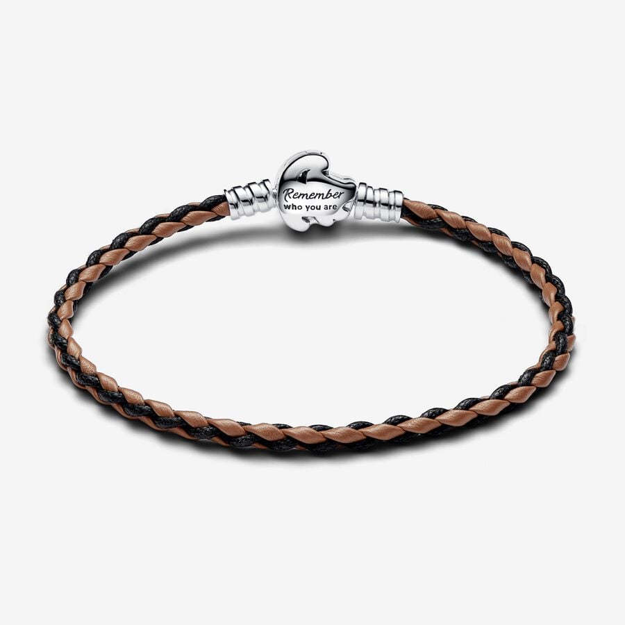 【Moments】Pan Disney The Lion King Clasp Pandora Moments Braided Leather Bracelet 593361C01 Brown 925 silver