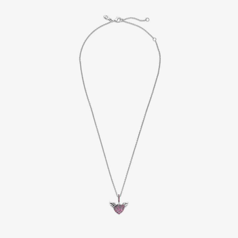 PAN Pavé Heart & Angel Wings Necklace 925 silver Timeless Necklace for women pink 398505C02