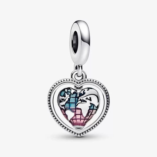 【Moments】Pan Family Spinning Heart Globe Dangle Charm pendant 925 silver 792240C01 Earth world