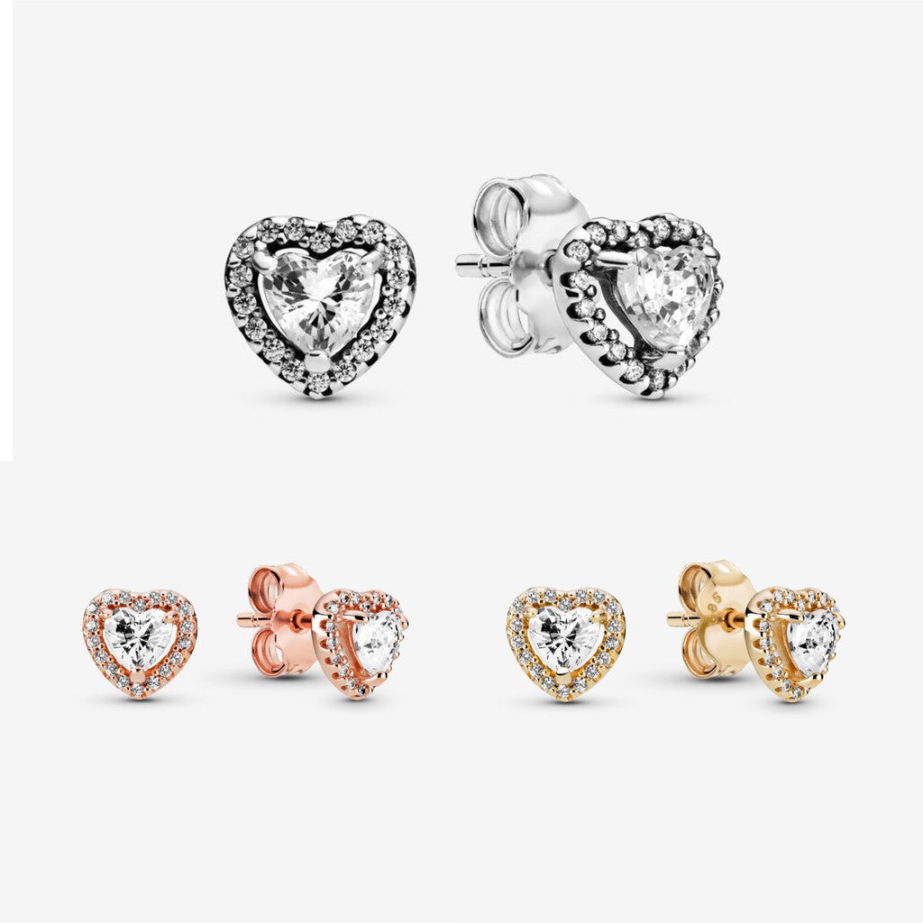 Pan Rose gold Elevated Heart Stud Earrings 925 silver for women diamond with box 288427C01 259137C01