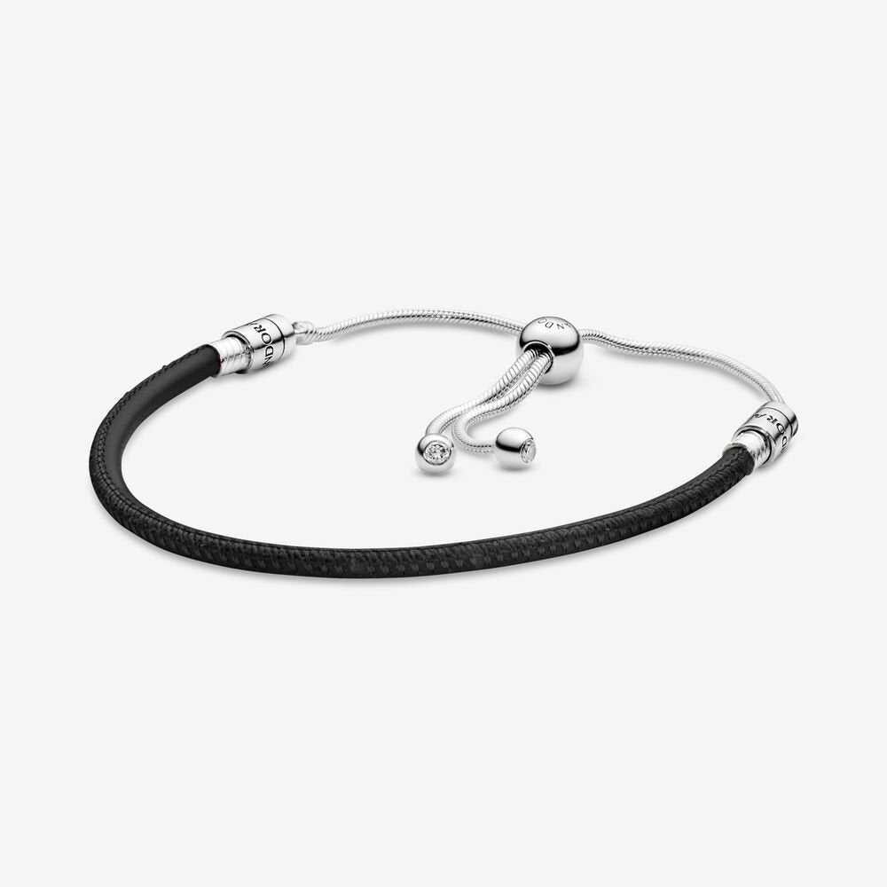 【Moments】PAN Moments Black Leather Slider Bracelet 597225CBK 925 SILVER men women Free size