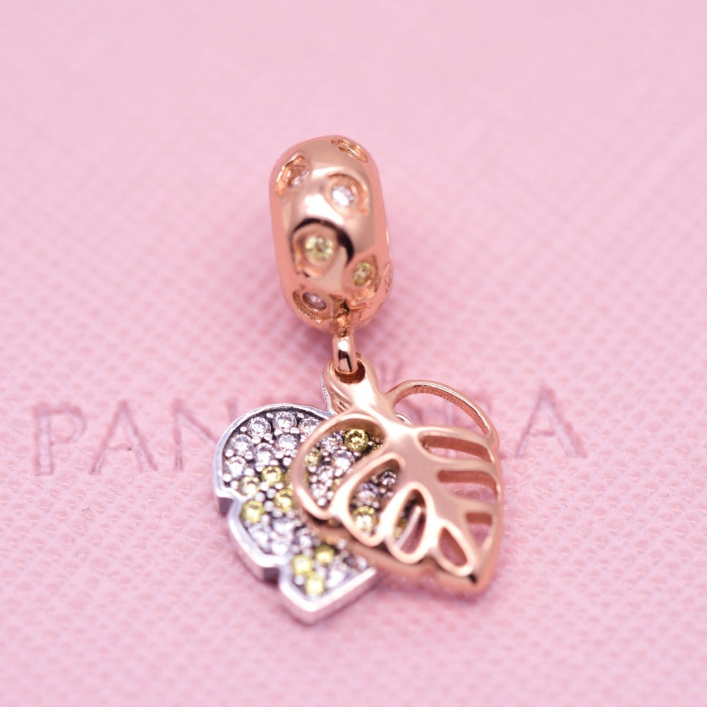 Pan Rose Sparkling Leaves Hanging Charm 925 Silver rose gold for women pendant 788247CZ