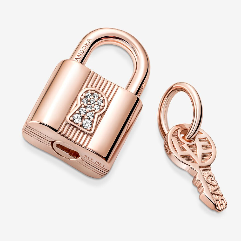 【Moments】PAN Padlock and Key Dangle Charm Pendant 2in1 Set 925 Silver ROSE Gold heart 790088C01