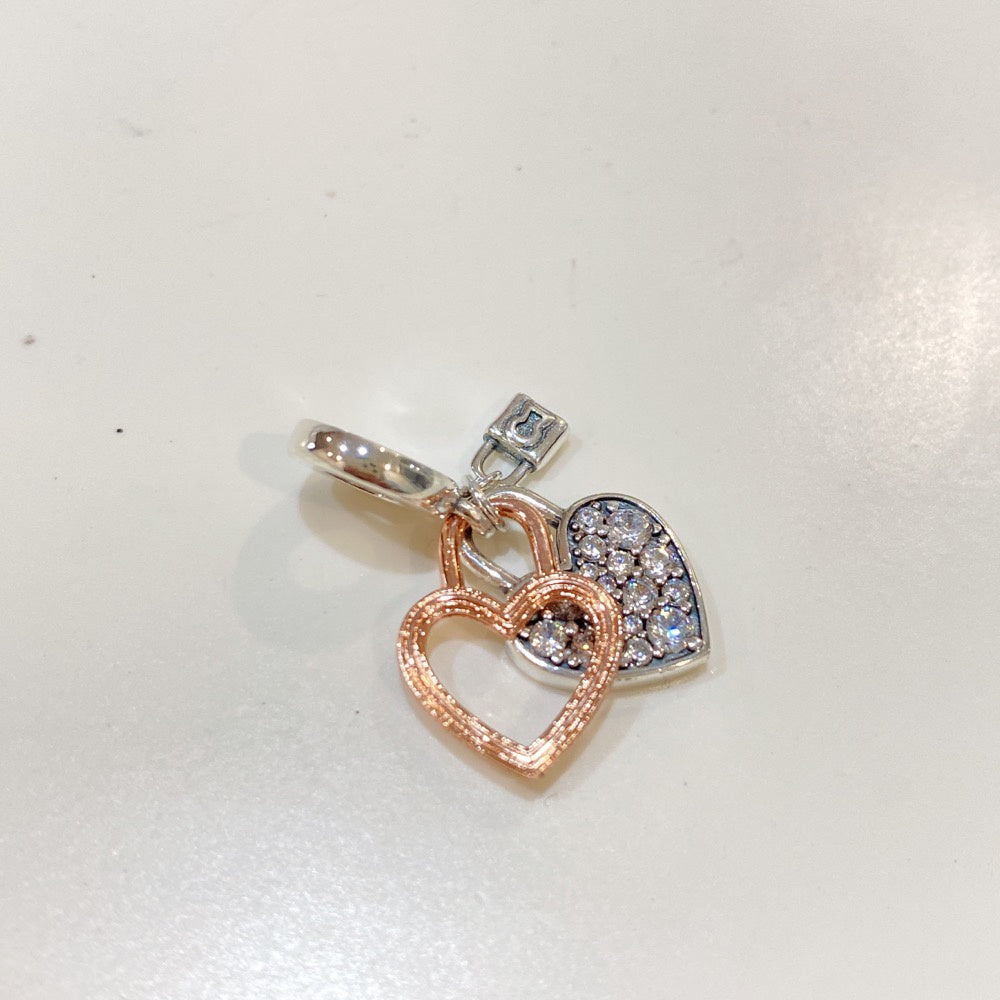 【Moments】PAN rose gold two-tone Heart Padlock Double Dangle Charm 925 silver 2022 pednat 780087C01