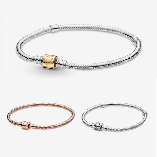 【MOMENTS】 PAN Moments Two-tone Barrel Clasp Snake Chain Bracelet 925 silver rose gold 599347C00 588781C00 598816C00