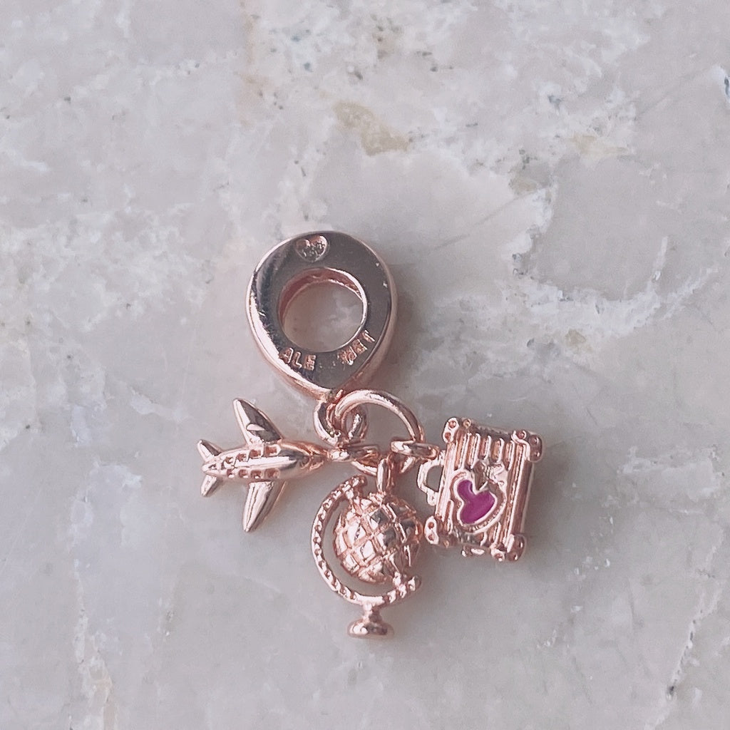 【Moments】Pan Airplane, Globe & Suitcase Triple Dangle Charm Air rose gold pedant 799435C01 789435C01