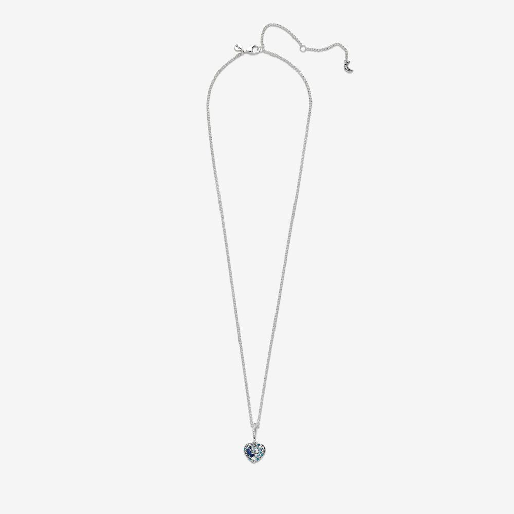 PAN Sparkling Blue Moon & Stars Heart Necklace 925 silver  399232C01 penant&chain with stone